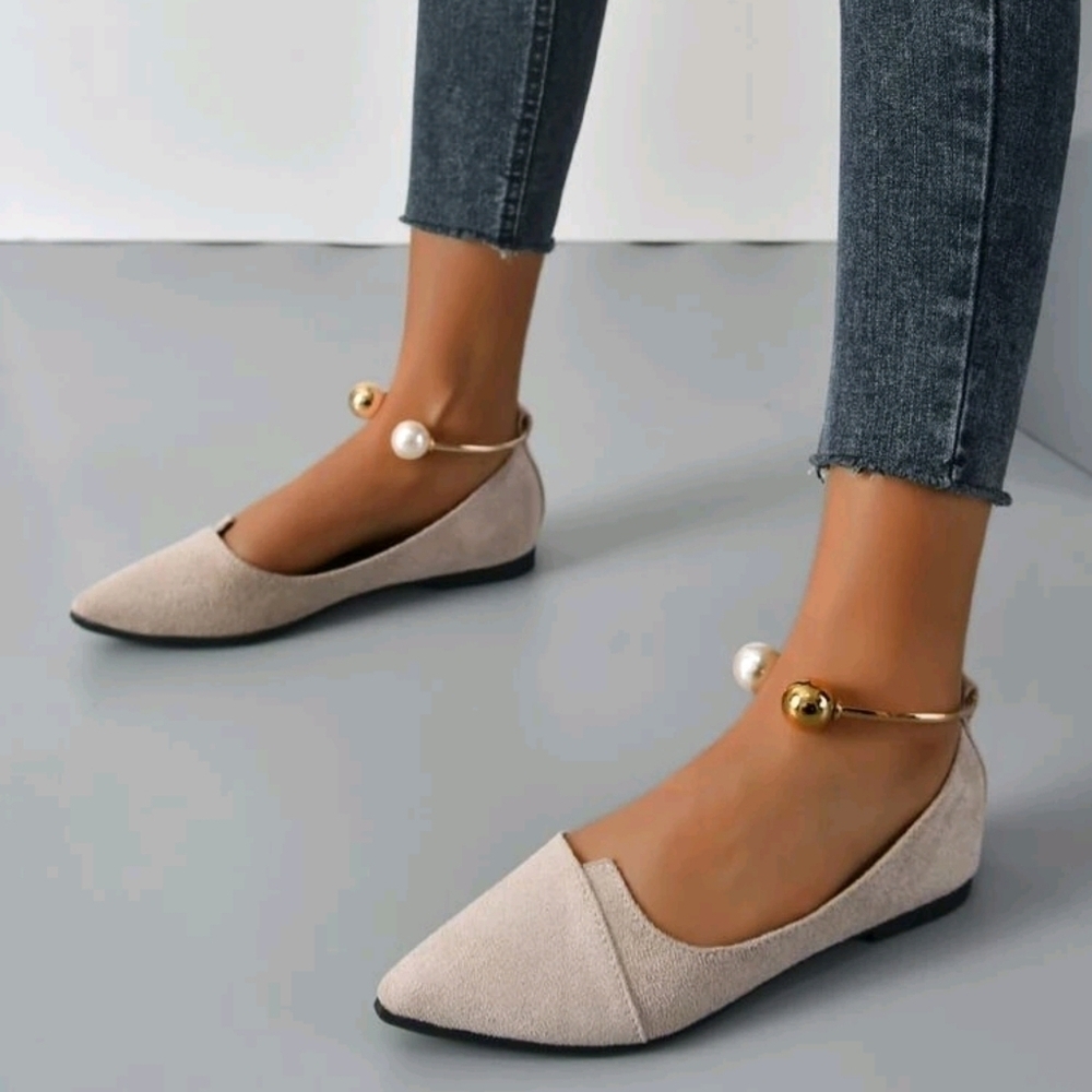 Women Faux Pearl Decor Point Toe Ankle Strap Flats, - Picture 3 of 6
